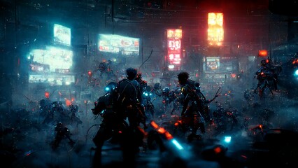 Fototapeta na wymiar futuristic battlefield fight scene cyberpunk lights HD rendering streets