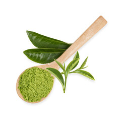 Green matcha powder in a spoonisolated on transparent background. (.PNG)