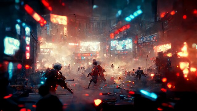 futuristic battlefield fight scene cyberpunk lights HD rendering streets