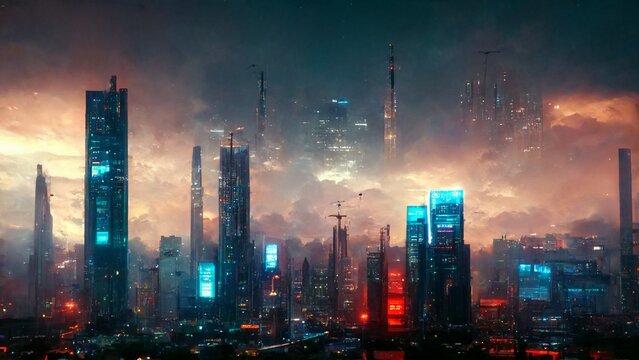 futuristic cityscape skyline cyberpunk lights background HD wallpaper