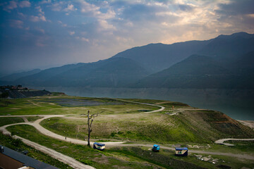 Curvy Road on the mountains of Tehri Garhwal, Uttarakhand. Tehri Lake is an artificial dam reservoir.