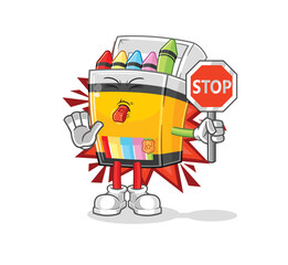 crayon holding stop sign. cartoon mascot vector