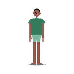 Black man with in a t-shirt and shorts and slippers isolated on white background in minimal style.  Flat vector design illustration