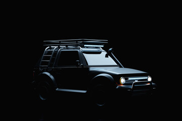 Dark black modern SUV prepared for safari on black background - side view - 3D illustration