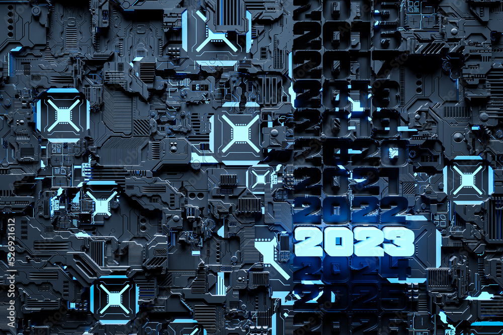 Poster 3d illustration futuristic tech postcard with the year 2023 on the background of a metallic, technol