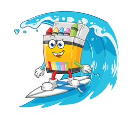 crayon surfing character. cartoon mascot vector