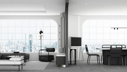 dark interior in art minimalist style in the living dining  bedroom. using red color material and dark gray cloth on marble tile floor and arched walkways with large windows 3d render animation looped