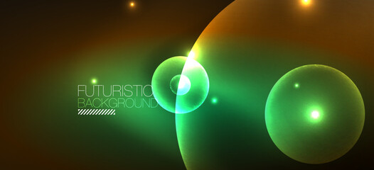 Abstract background with neon glowing light effects. Round shapes, triangles and circles. Wallpaper for concept of AI technology, blockchain, communication, 5G, science, business and technology