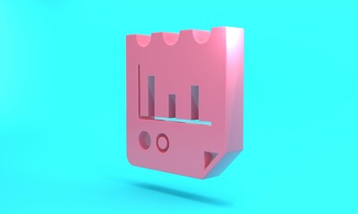 Pink Document with graph chart icon isolated on turquoise blue background. Report text file icon. Accounting sign. Audit, analysis, planning. Minimalism concept. 3D render illustration