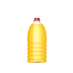 Sunflower oil plastic bottle. Yellow sunflower oil food. Vegetarian organic ingredient for cooking