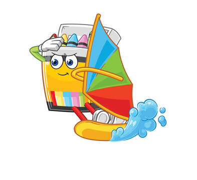 crayon windsurfing character. mascot vector