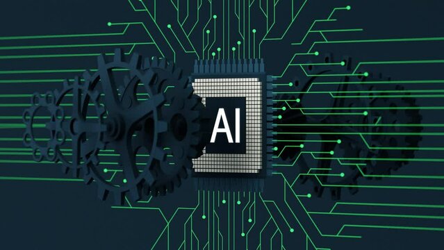 Artificial intelligence and green screen of a processor chip. The process of data processing. Developments in modern technologies. Microcircuits on neon glowing background. 3D rendering animation loop