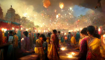 Fototapeten illustation of Diwali festival of lights tradition Diya oil lamps against dark background © slonme