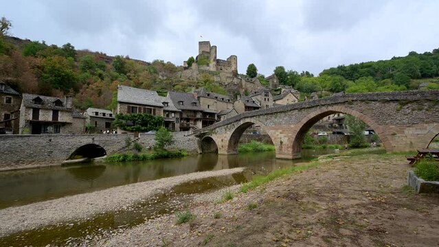 Belcastel medieval castle and town in the south of France, Aveyron Occitania, view of the antique medieval stone buildings, High quality video