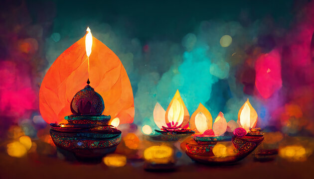 illustation of Diwali festival of lights tradition Diya oil lamps against dark background