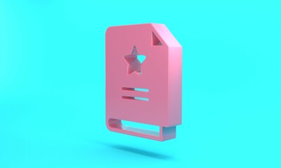 Pink Scenario icon isolated on turquoise blue background. Script reading concept for art project, films, theaters. Minimalism concept. 3D render illustration