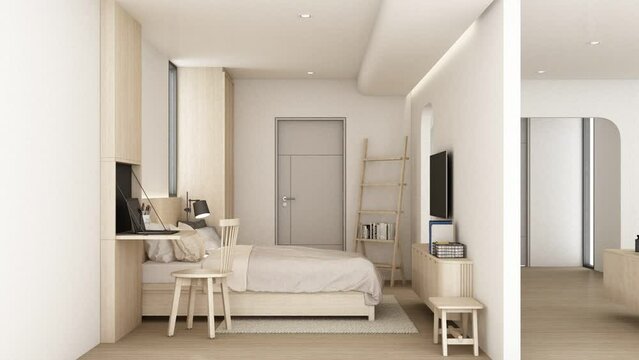 build up creation room The walls are decorated in white tones with wooden materials, Arc built-in cabinets and wooden arches on parquet floors. bedroom and living room apartment. 3d render animation