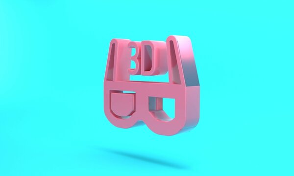 Pink 3D cinema glasses icon isolated on turquoise blue background. Minimalism concept. 3D render illustration