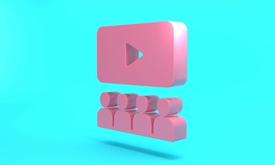 Pink Cinema auditorium with screen icon isolated on turquoise blue background. Minimalism concept. 3D render illustration
