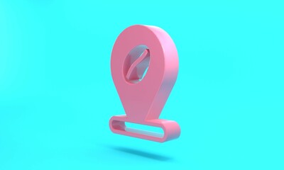 Pink Location with coffee bean icon isolated on turquoise blue background. Minimalism concept. 3D render illustration