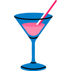 Martini glass, in simple flat style, png cocktail with straws. Bright trending illustration, alcoholic or non-alcoholic drink on transparent background, for sticker, logo, icon, picture.