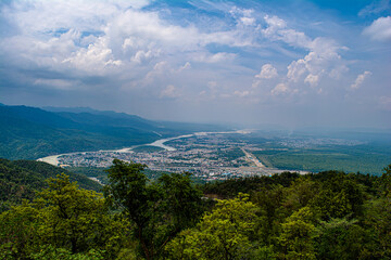 Rishikesh, Uttarakhand, India. Aerial view of beautiful city Rishikesh uttrakhand. Stunning view of some green mountain peaks of Rishikesh.