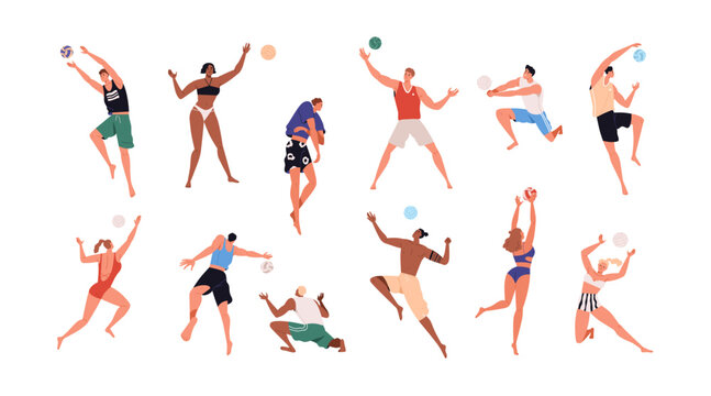 Men, women playing summer beach volleyball set. Volley ball players in action during active sport game. People in bikini at beachvolley. Flat graphic vector illustrations isolated on white background