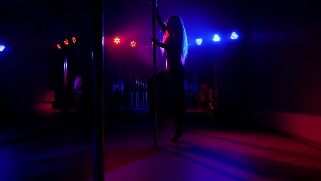 Silhouette of a slender young woman in lingerie in a nightclub near a pole.