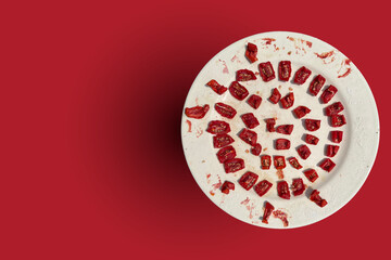 Homemade dried tomato slices on a white plate on a sunny day, top view, isolated