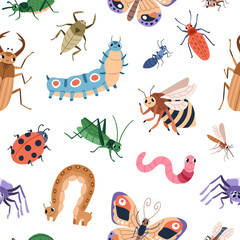 Seamless childish pattern with cute happy insects. Endless background with funny beetles, bugs, worms repeating print. Kids texture with bee, ladybug, butterfly. Colorful flat vector illustration