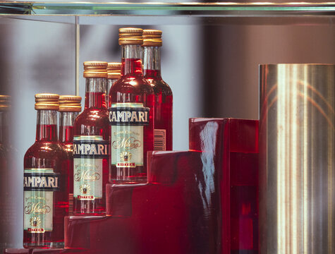 Campari Miniature Bottle Collection In A Shop Window.Milan - Italy, 27 August 2022