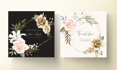 Fototapeta na wymiar Beautiful hand drawn flower wedding invitation card set