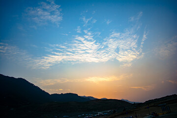 Sunrise view of Tehri mountains. Scenery sunrise over Tehri Lake, Uttarakhand. Tehri Dam, the tallest dam in India and Tehri dam is Asia's largest man-made lake.