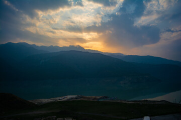 Sunrise view of Tehri mountains. Scenery sunrise over Tehri Lake, Uttarakhand. Tehri Dam, the tallest dam in India and Tehri dam is Asia's largest man-made lake.