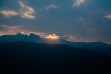 Sunrise view of Tehri mountains. Scenery sunrise over Tehri Lake, Uttarakhand. Tehri Dam, the tallest dam in India and Tehri dam is Asia's largest man-made lake.