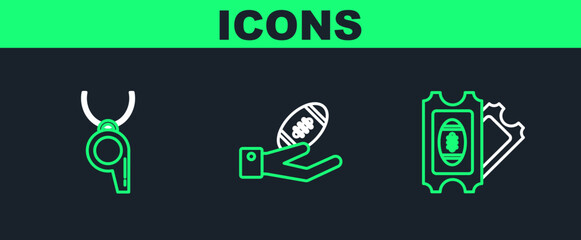 Set line American Football ticket, Whistle and on hand icon. Vector