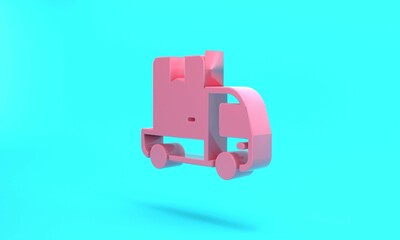 Pink Delivery cargo truck vehicle icon isolated on turquoise blue background. Minimalism concept. 3D render illustration