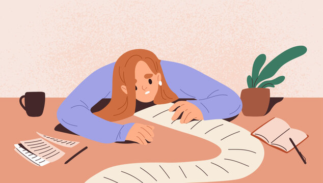 Busy Person With Long To-do List, Big Paper Plan. Unhappy Tired Overloaded Overwhelmed Character With Many Difficult Tasks, Businesses. Multitasking, Exhaustion Concept. Flat Vector Illustration