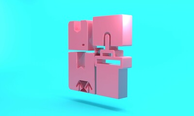 Pink Warehouse interior with boxes on racks icon isolated on turquoise blue background. Logistics, cargo, parcel storage postal service. Minimalism concept. 3D render illustration
