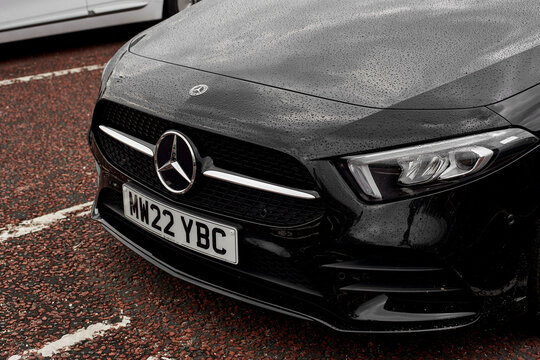 UK, Newcastle, 27 August 2022: New diesel Mercedes sedan A class a180d 2022. Black executive sedan from Mercedes in the AMG package.
