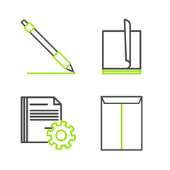 Set line Envelope, Document settings with gears, File document and Pen line icon. Vector