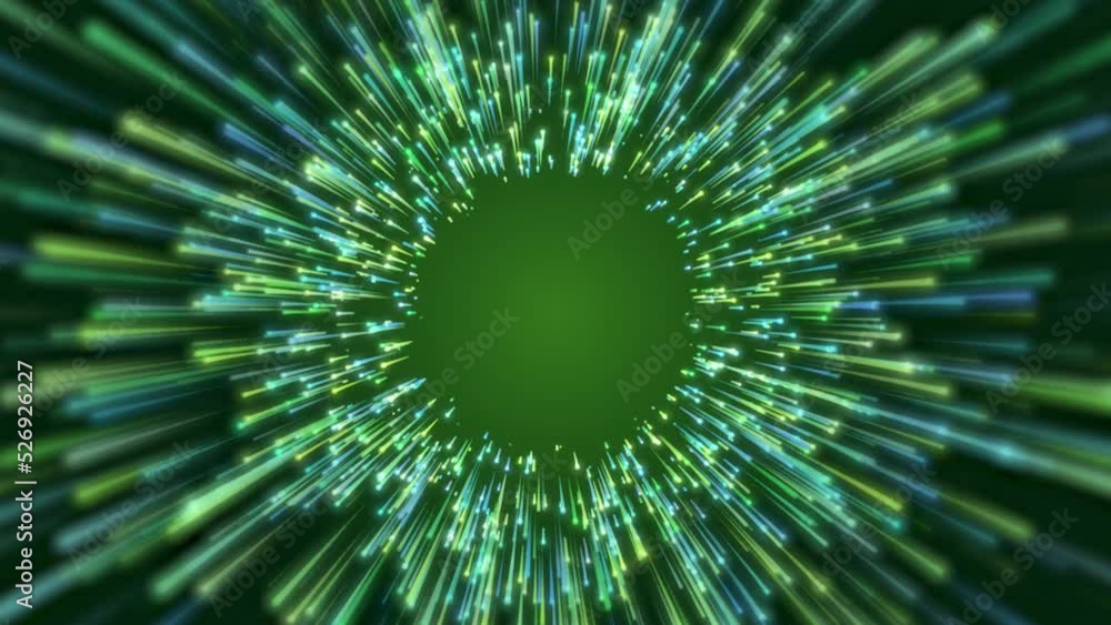 Poster video animation of colorful futuristic particles moving against a dark background - abstract backgro