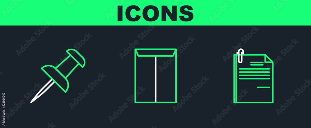 Poster set line file document and paper clip, push pin and envelope icon. vector