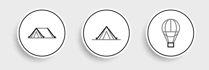 Set line Hot air balloon, Tourist tent and icon. Vector