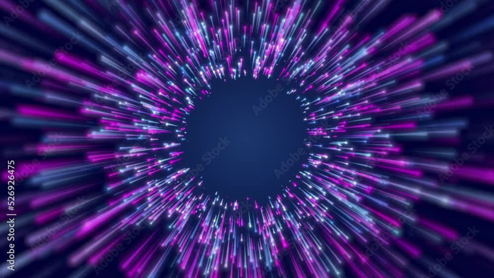 Poster video animation of colorful futuristic particles moving against a dark background - abstract backgro