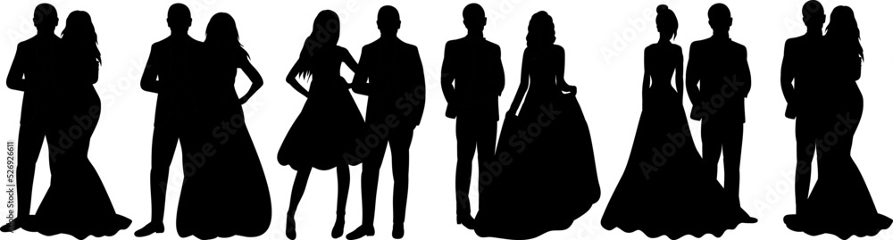 Wall mural set of bride and groom silhouette isolated, vector