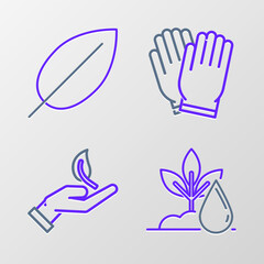 Set line Watering plant, Sprout hand of environmental protection, Garden gloves and Leaf icon. Vector