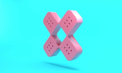 Pink Crossed bandage plaster icon isolated on turquoise blue background. Medical plaster, adhesive bandage, flexible fabric bandage. Minimalism concept. 3D render illustration