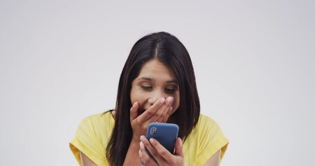 Happy surprise, wow and woman on phone with good news, getting hired for job or promotion. Girl excited by social media announcement, sale on online shopping app or money payment for ecommerce deal