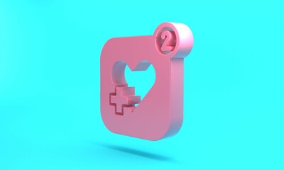 Pink Smartphone with heart rate monitor function icon isolated on turquoise blue background. Minimalism concept. 3D render illustration